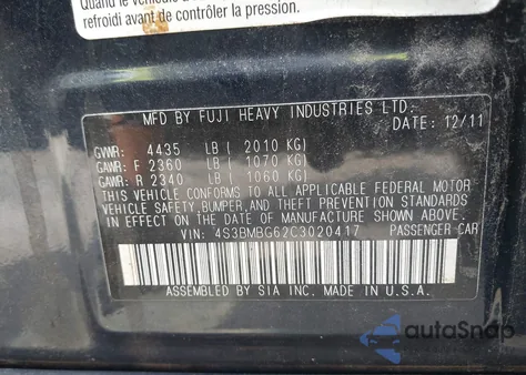 2012 Subaru Legacy 2.5I Premium from USA, damaged, VIN 4S3BMBG62C3020417